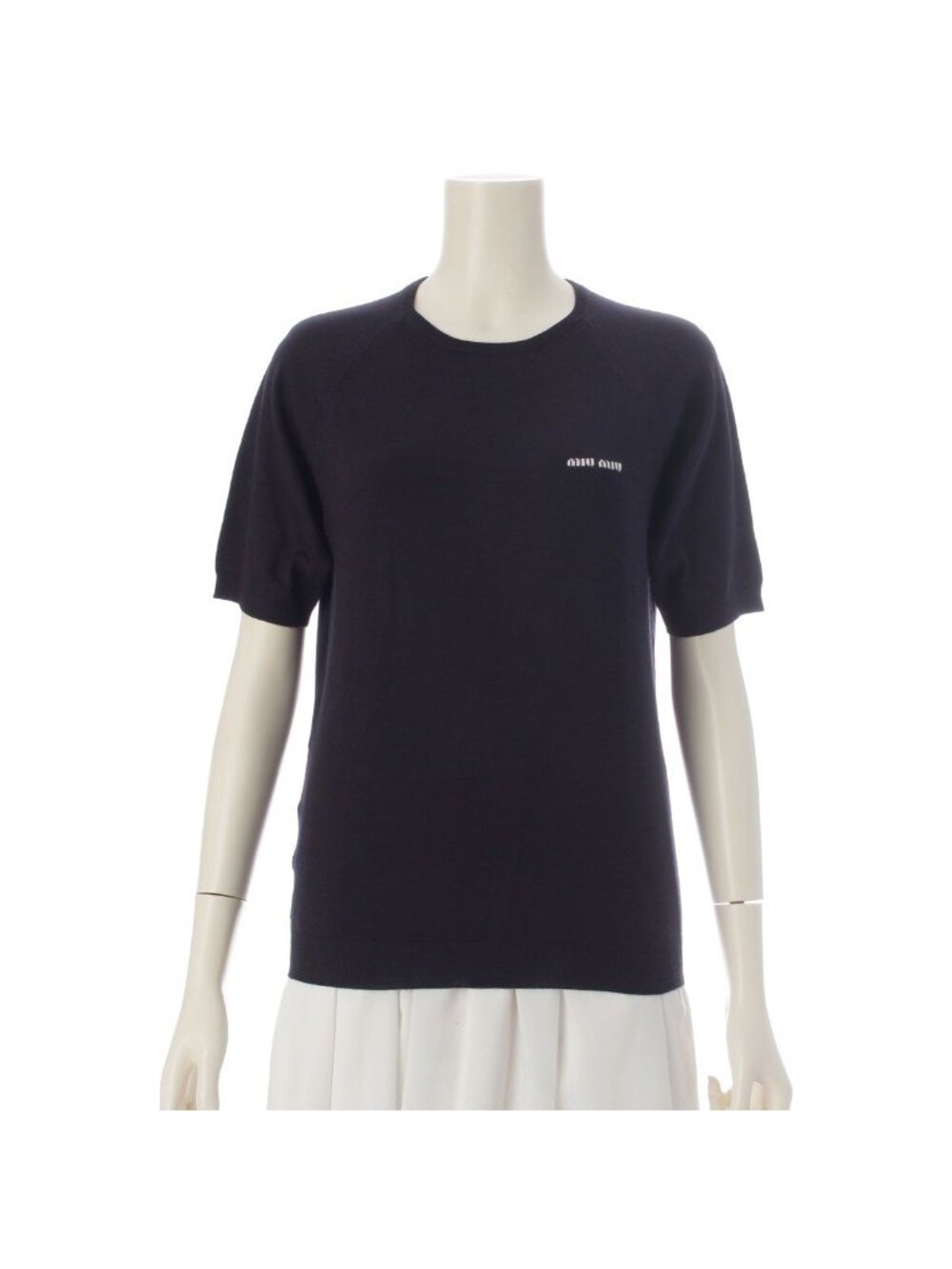 Miu Miu Wool Logo Crew Neck Short Sleeve Sweater Knit Top Navy 40